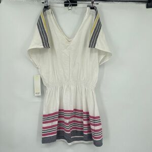 Roxy Women's Short Sleeve V-Neck Striped Linen Mini Dress White Size S NWT